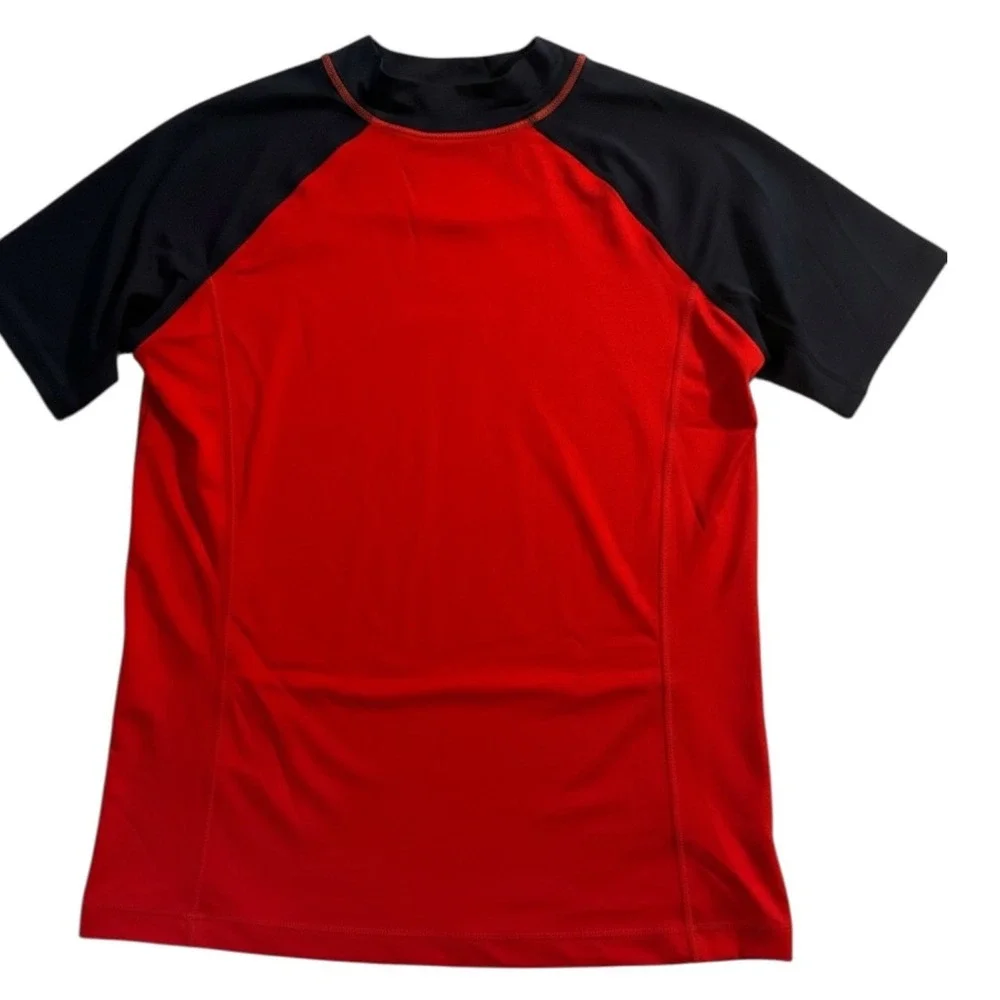 Lands' End Youth XL Red Black Rash Guard Swim Shirt UPF Short Sleeve